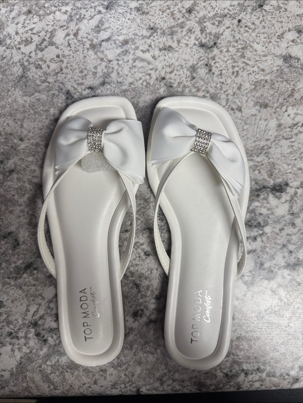 TOP Moda White Bow Slide Sandals with Rhinestone Accent - Picture 2 of 4